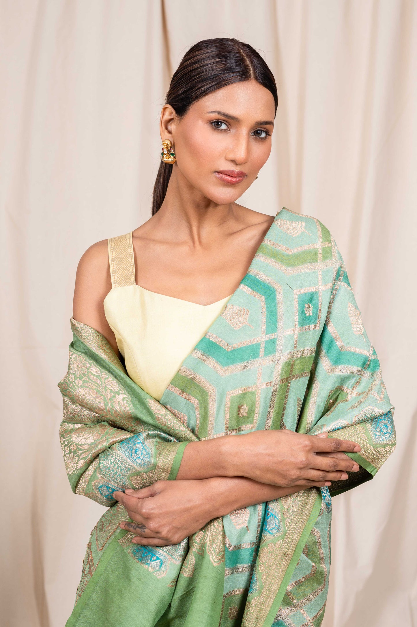 Pista Green Tussar Georgette Banarasee Handwoven Saree