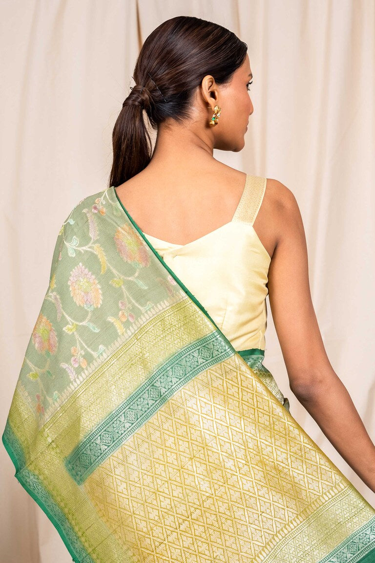 Pista Tussar Georgette Handwoven Banaras Saree