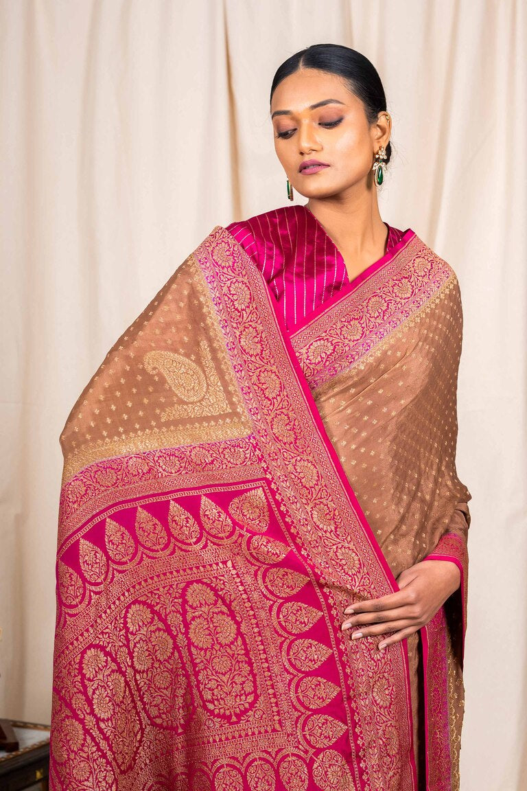 Dusky Chiku Crepe Silk Handwoven Banarasee Saree
