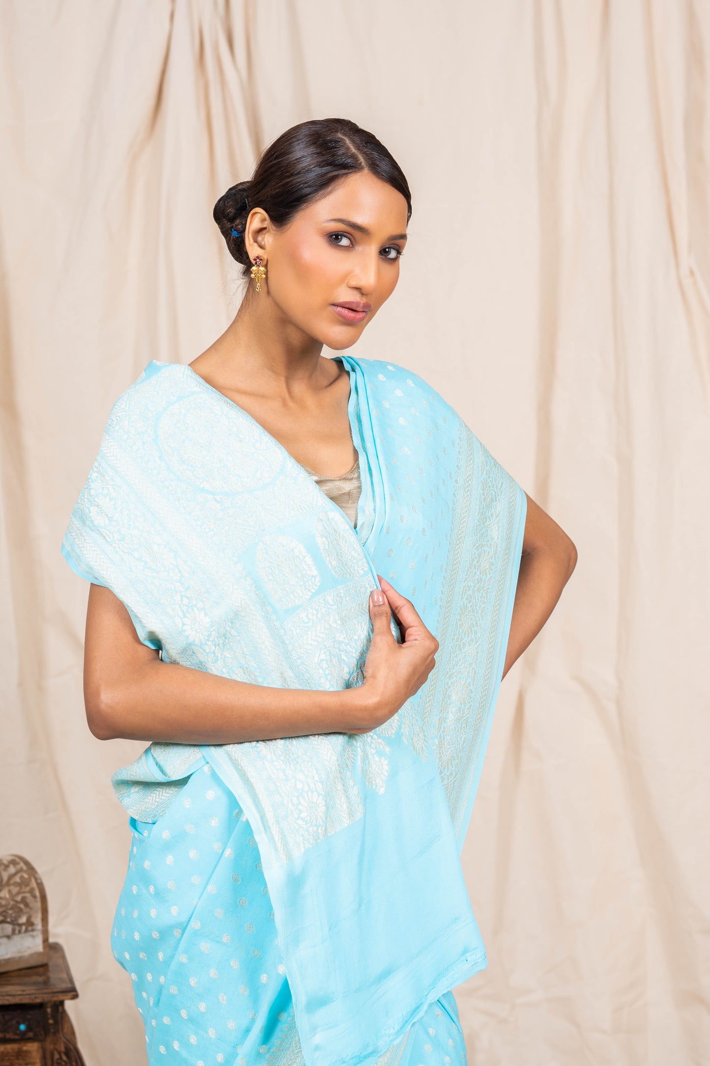 Sky Blue Crepe Silk Banarasee Saree