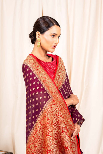 Wine Khaddi Georgette Handwoven Banaras Saree