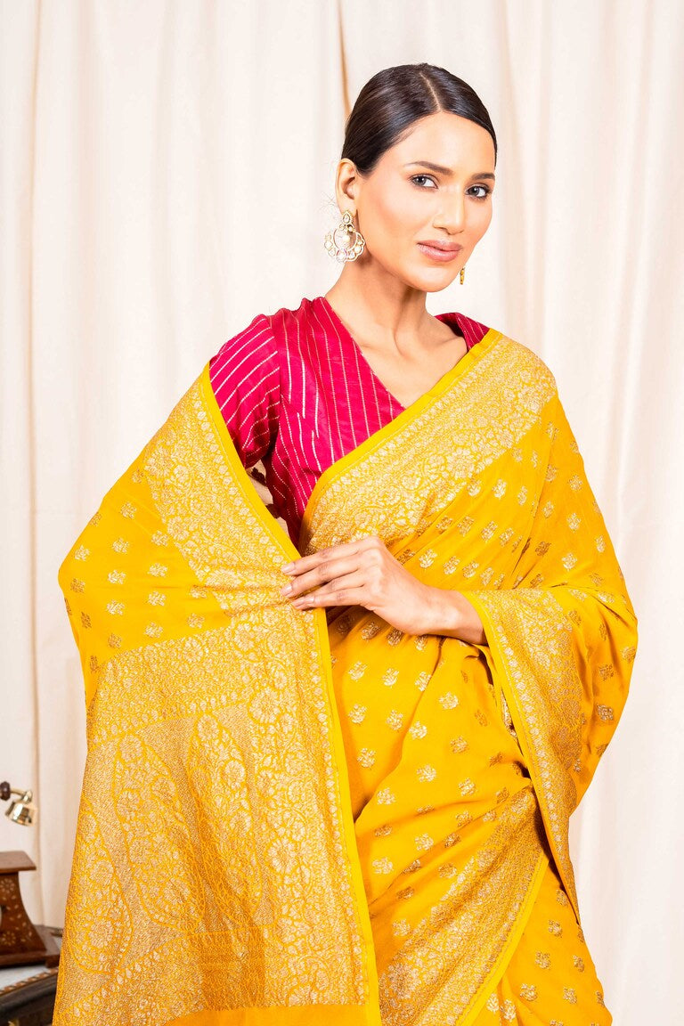 Mustard Khaddi Georgette Handwoven Banaras Saree