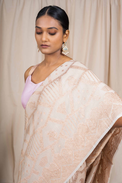 Cream Tussar georgette Banarasee Handwoven Saree