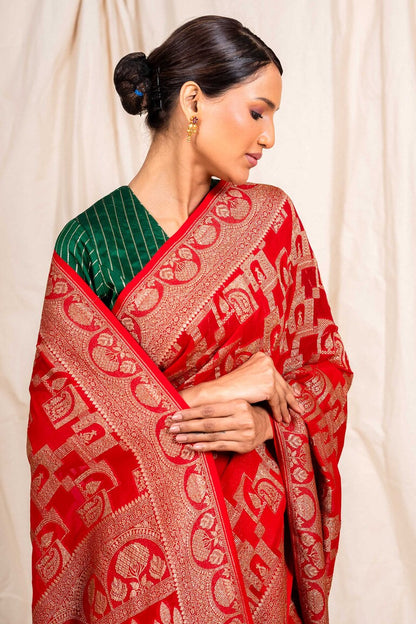 Red Khaddi Georgette Handwoven Banaras Saree