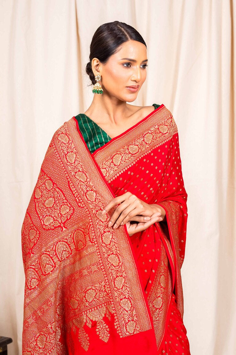 Red Crepe Silk Handwoven Banarasee Saree