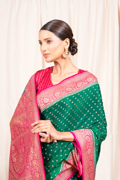 Bottle Green Banarasee Handwoven Saree