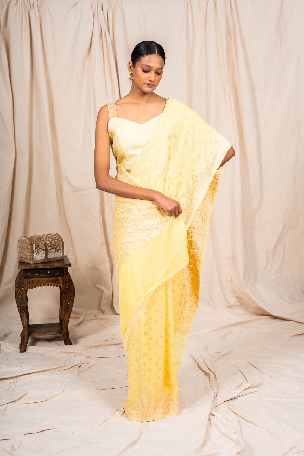 Handwoven pastel Yellow Khaddi Georgette Banarasi Saree
