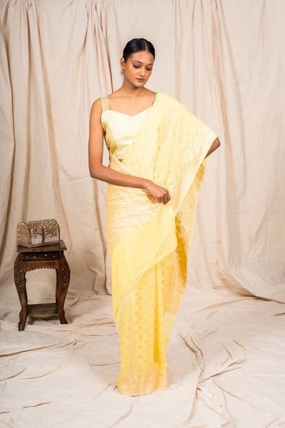 Handwoven pastel Yellow Khaddi Georgette Banarasi Saree