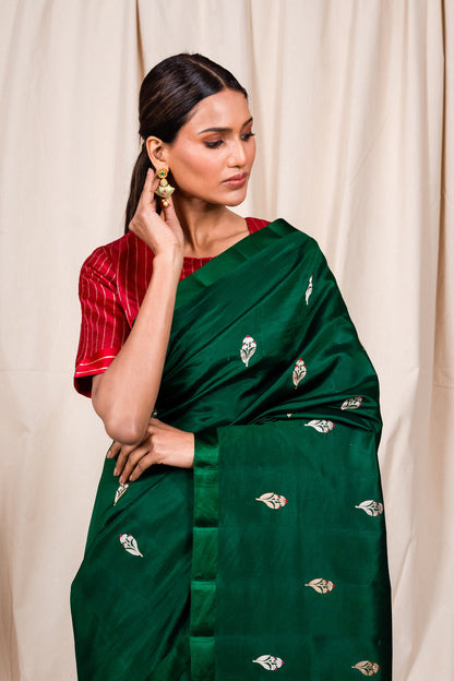 Bottle Green Soft Silk Handwoven Banaras Saree