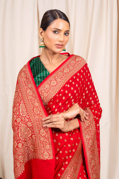 Red Khaddi Georgette Handwoven Banarasee Saree