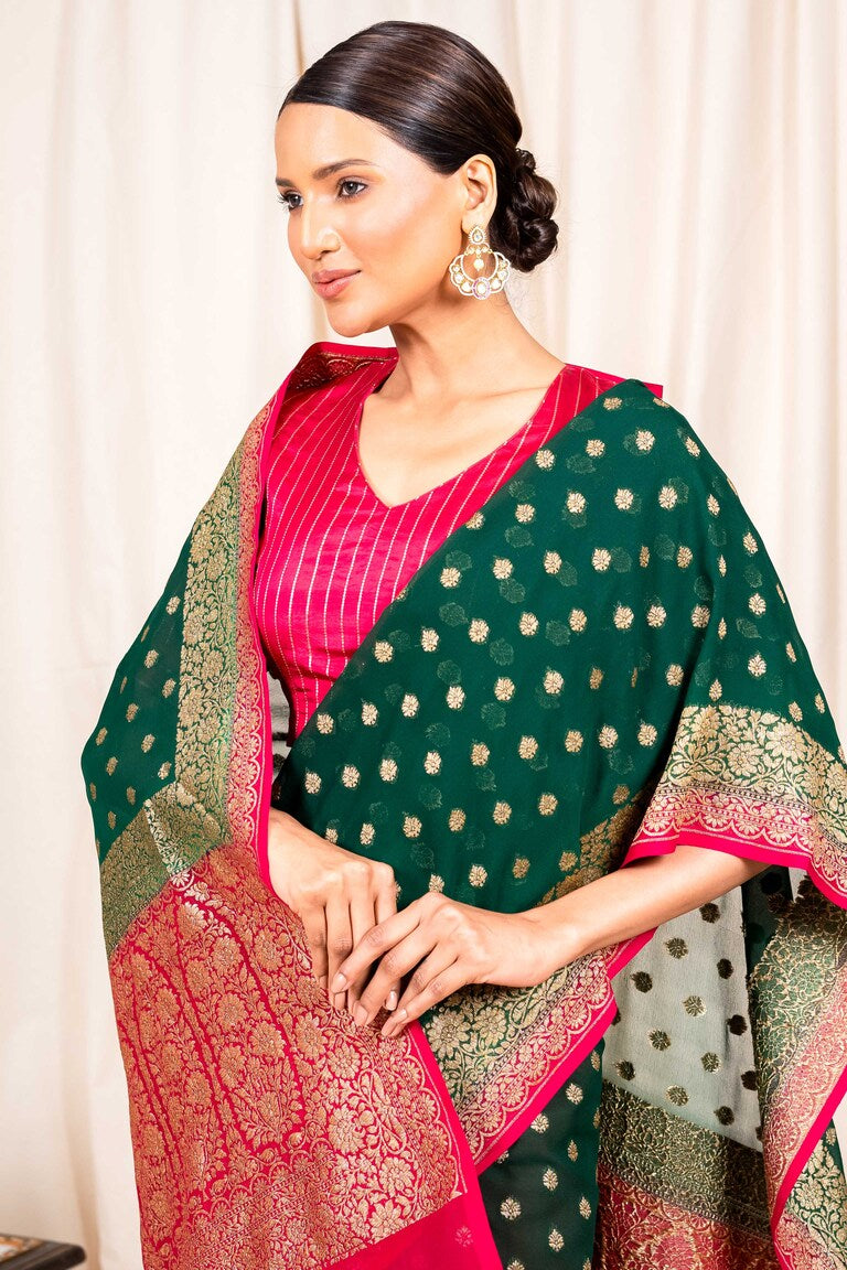 Bottle Green Khaddi Georgette Handwoven Banaras Saree