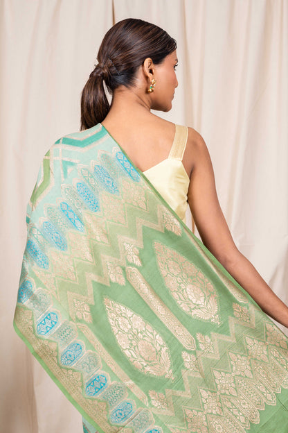 Pista Green Tussar Georgette Banarasee Handwoven Saree