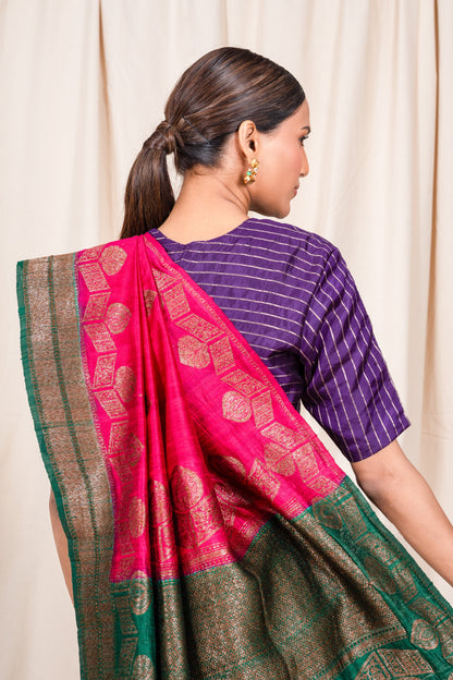 Rani Pink Raw Silk Banarasee Handwoven Saree