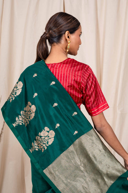 Bottle Green Soft Silk Handwoven Banarasi Saree