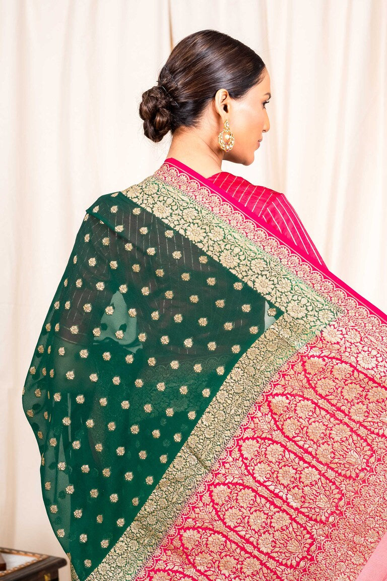 Bottle Green Khaddi Georgette Handwoven Banaras Saree