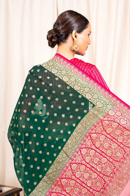 Bottle Green Khaddi Georgette Handwoven Banaras Saree