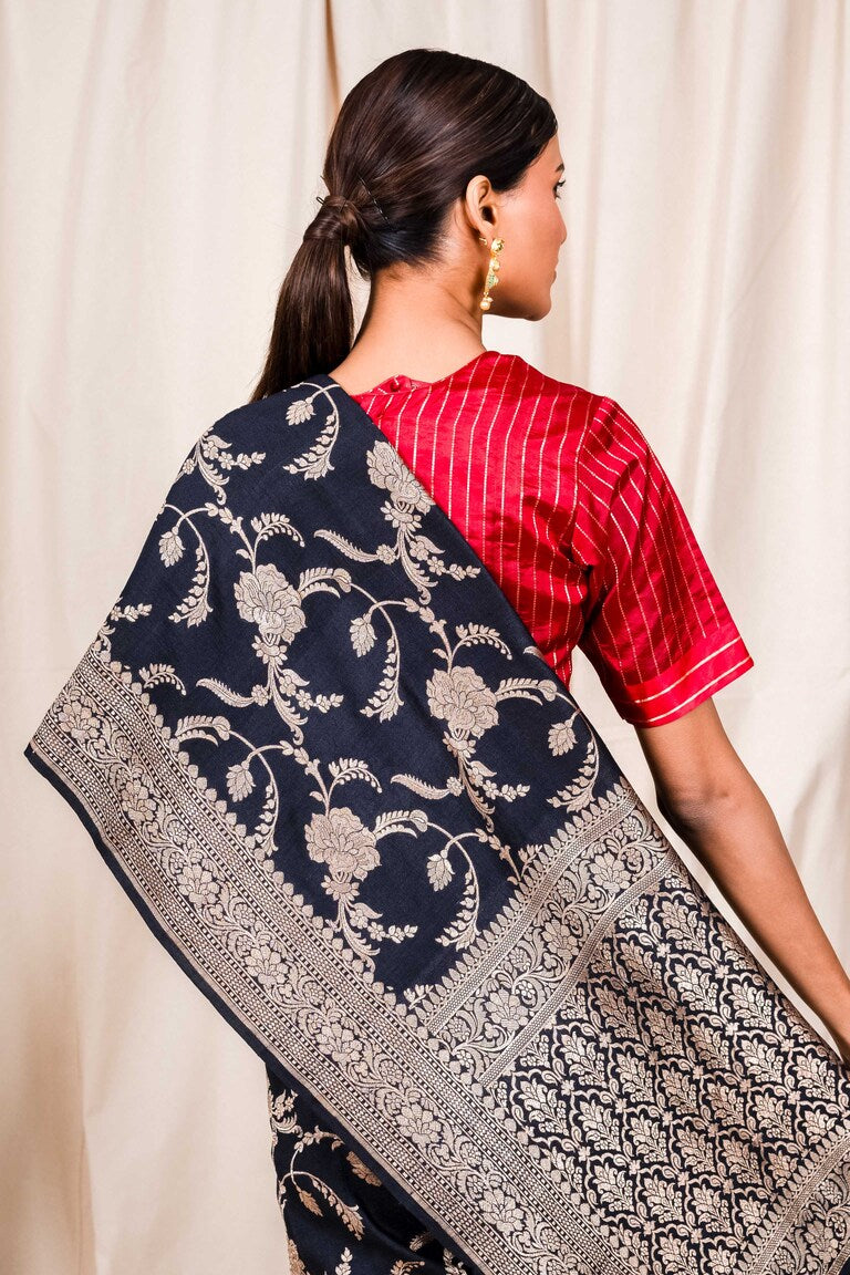 Black Tussar Georgette Handwoven Banaras Saree