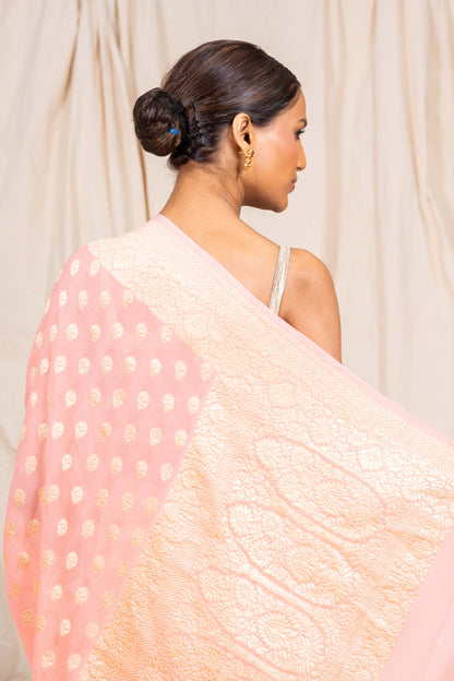 Peach Khaddi Georgette Handwoven Banarasee Saree