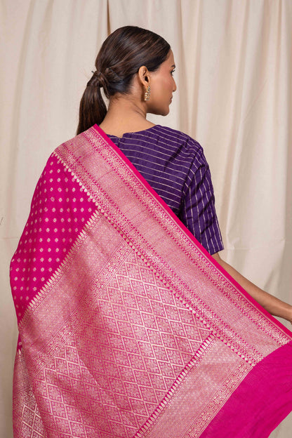 Rani Pink Tussar Georgette Banarasi Handwoven Saree