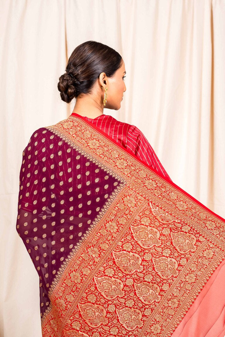 Wine Khaddi Georgette Handwoven Banaras Saree