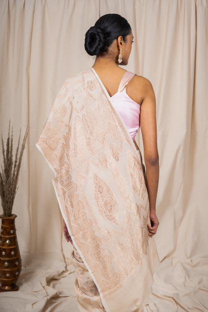 Cream Tussar georgette Banarasee Handwoven Saree
