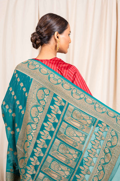 Rama Green Khaddi Georgette Handwoven Banarasee Saree