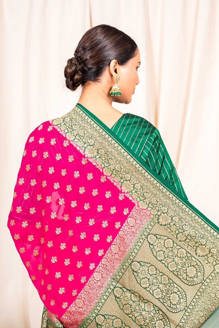 Rani Pink Khaddi Georgette Handwoven Banaras Saree
