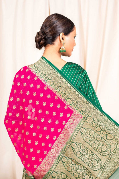 Rani Pink Khaddi Georgette Handwoven Banaras Saree