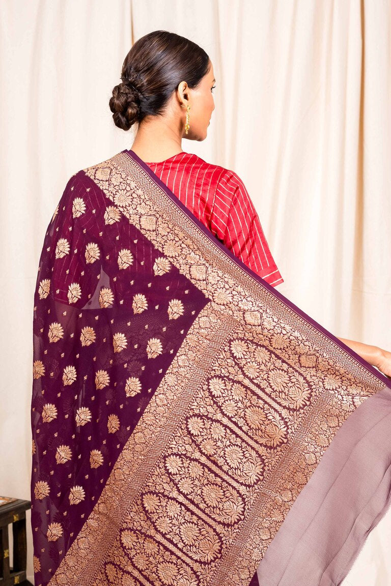 Wine Khaddi Georgette Handwoven Banaras Saree