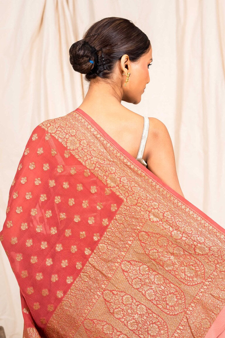 Peach Brown Khaddi Georgette Handwoven Banaras Saree