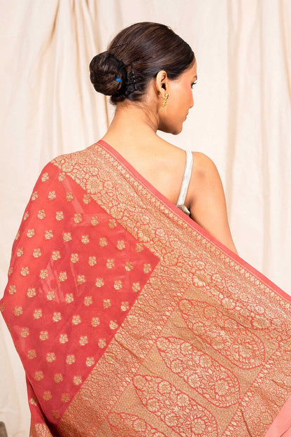 Peach Brown Khaddi Georgette Handwoven Banaras Saree