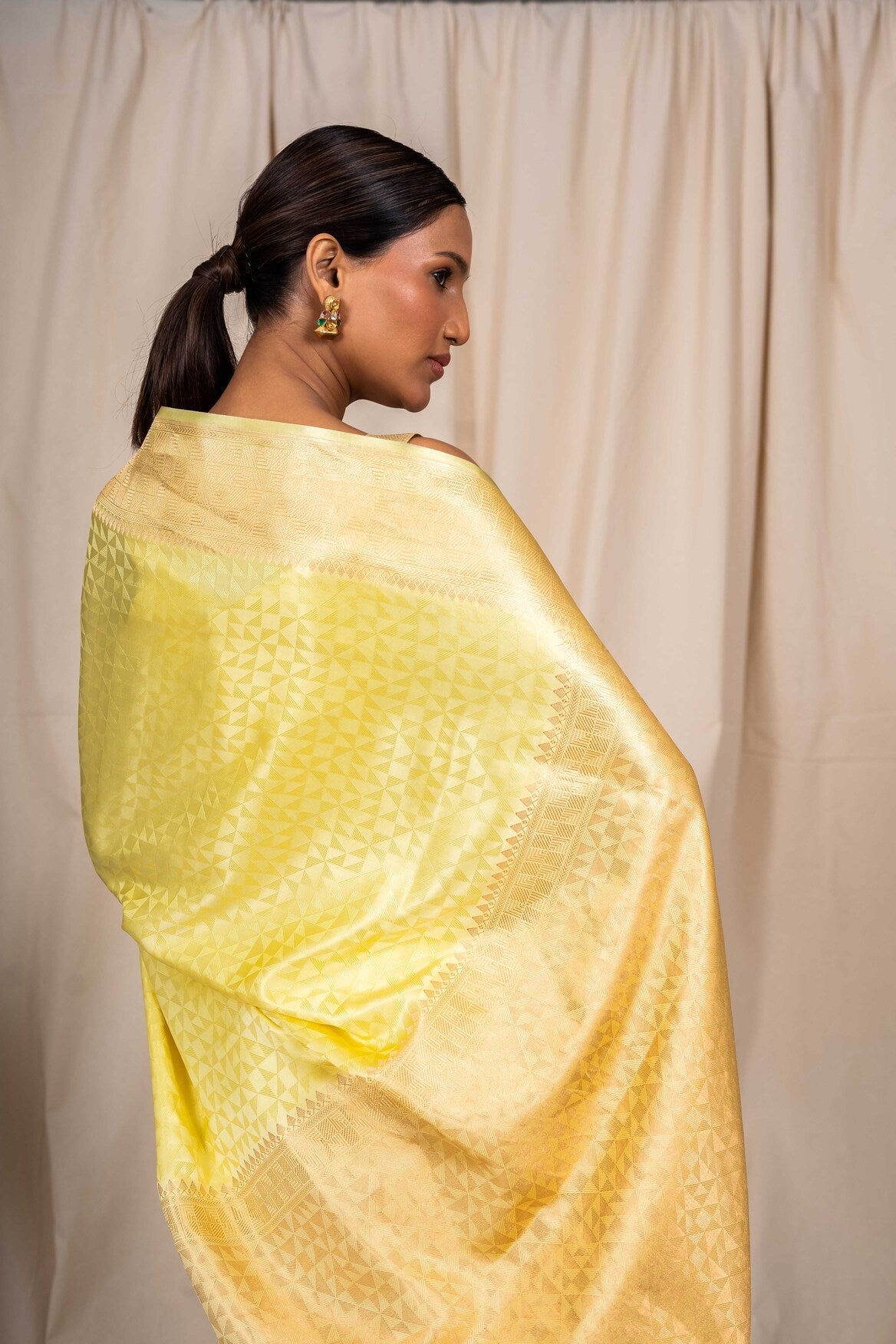 Lemon Yellow Mashru Satin Handwoven Banarasee Saree