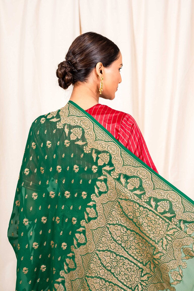 Bottle Green Khaddi Georgette Handwoven Banaras Saree