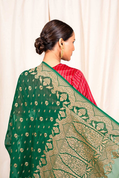 Bottle Green Khaddi Georgette Handwoven Banaras Saree