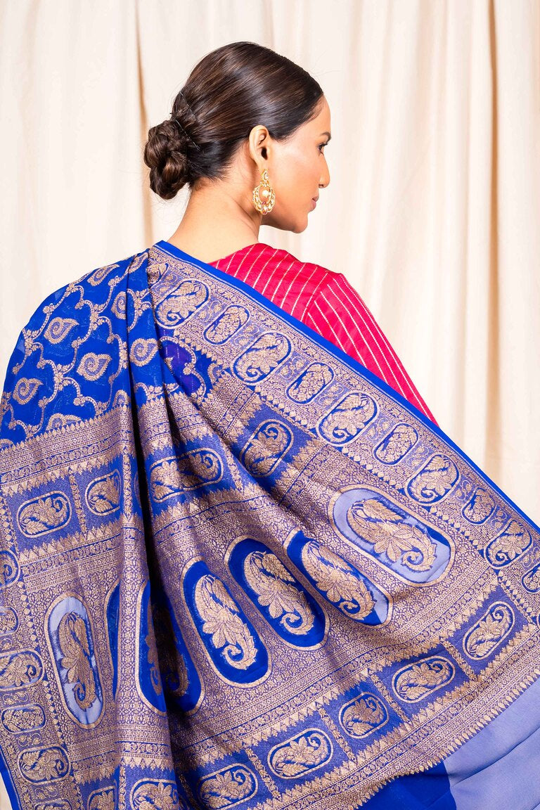 Royal Blue Khaddi Georgette Handwoven Banaras Saree