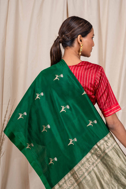 Bottle Green Soft Silk Handwoven Banarasi Saree