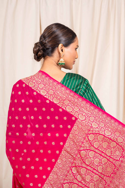 Rani Pink Khaddi Georgette Handwoven Banarasee Saree