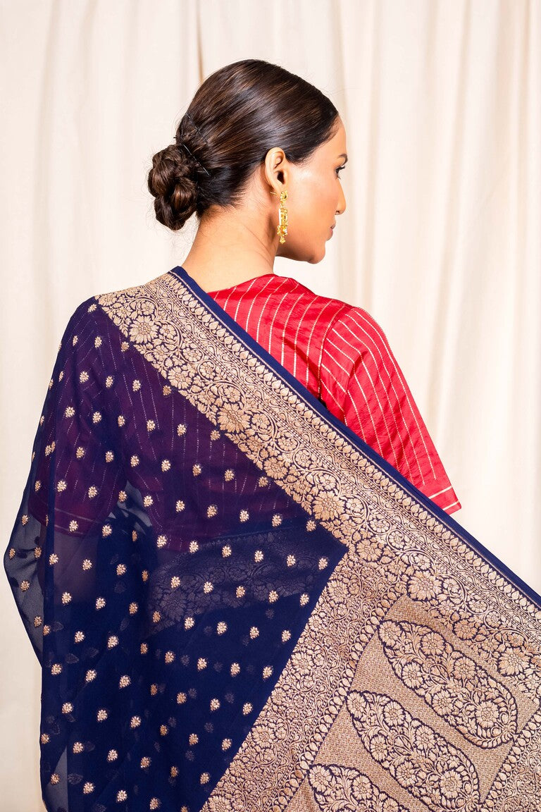 Navy Blue Khaddi Georgette Handwoven Banaras Saree