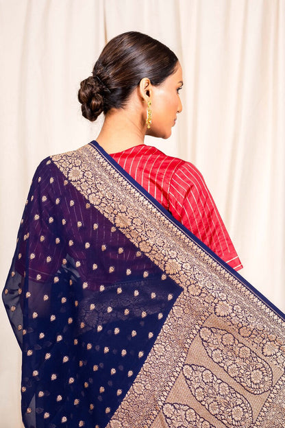 Navy Blue Khaddi Georgette Handwoven Banaras Saree