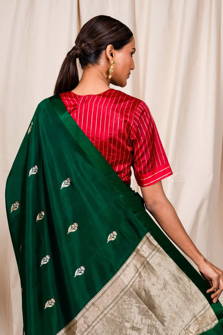 Bottle Green Soft Silk Handwoven Banaras Saree