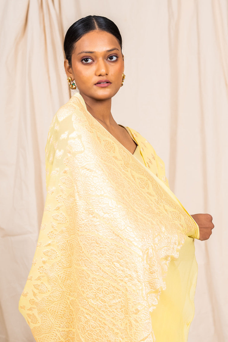 Handwoven pastel Yellow Khaddi Georgette Banarasi Saree
