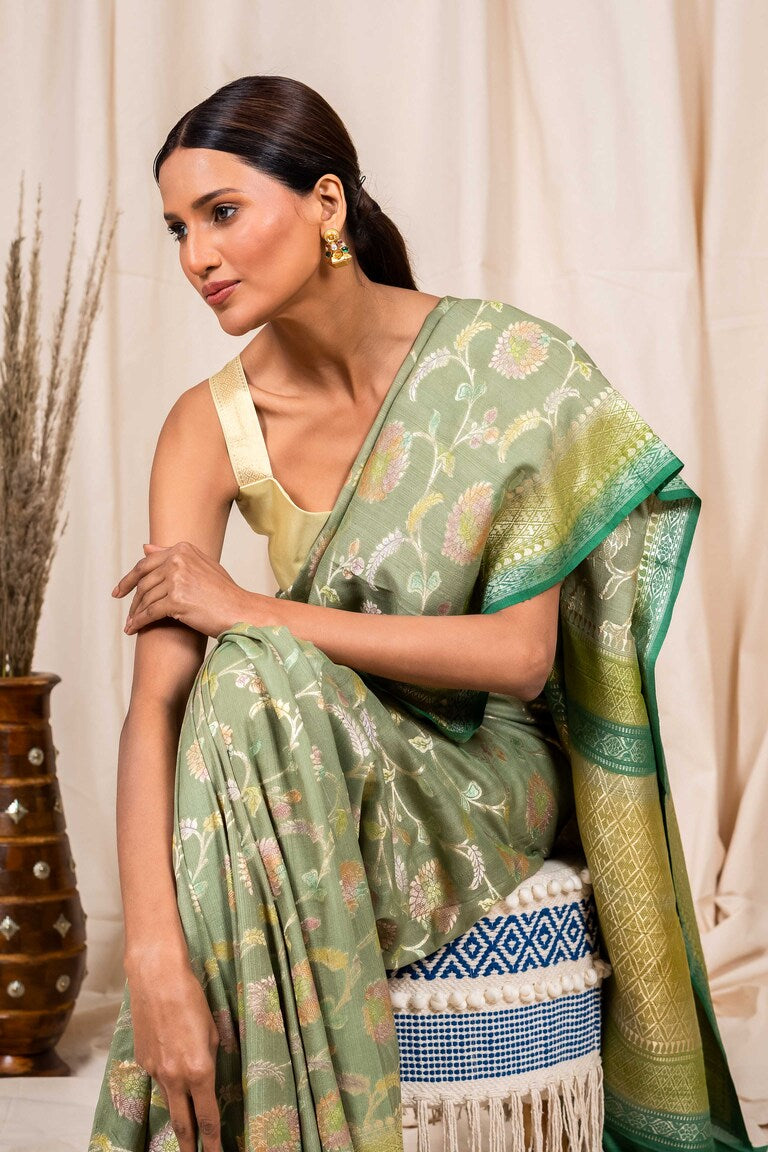 Pista Tussar Georgette Handwoven Banaras Saree