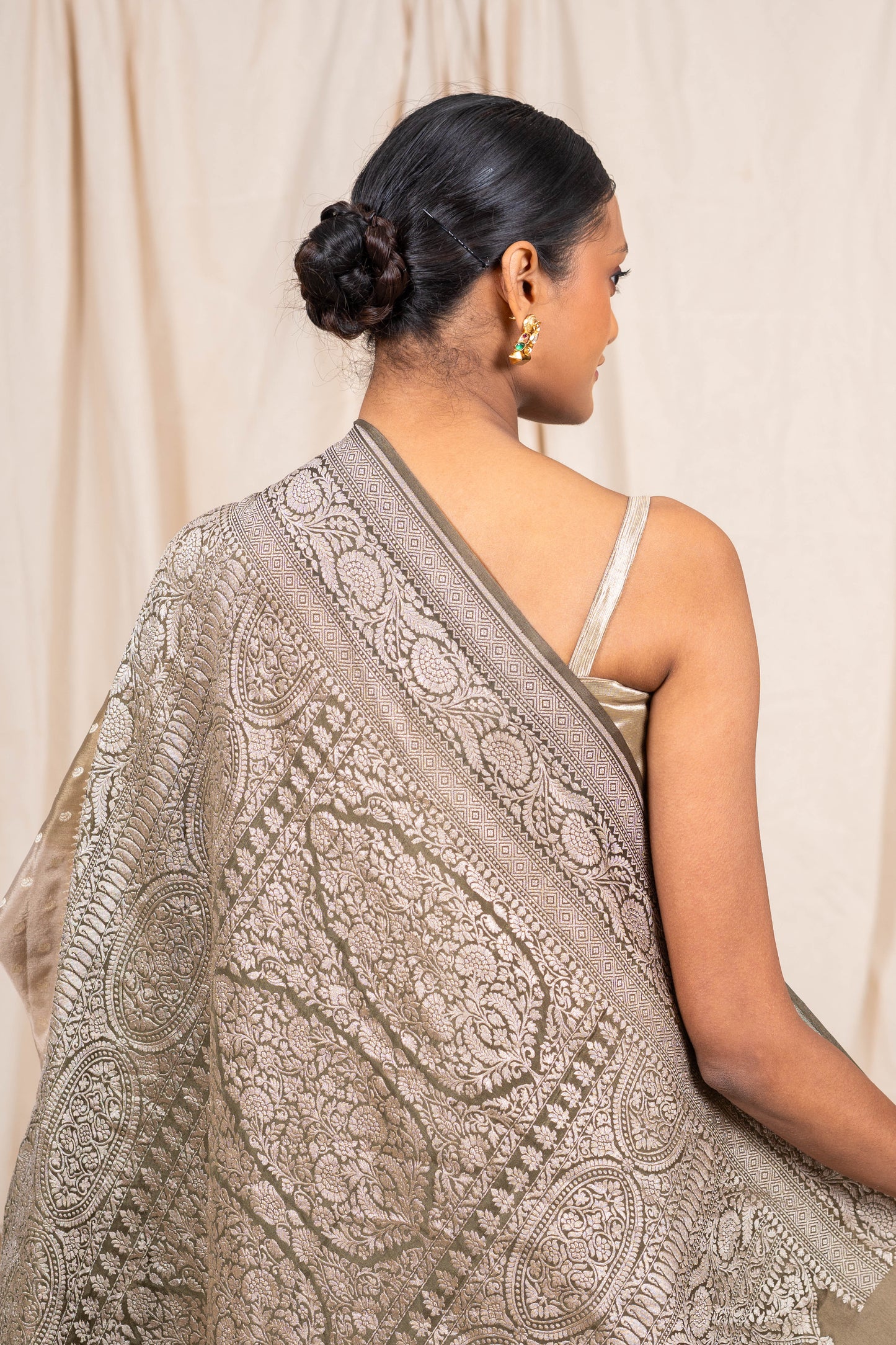 Dusky Chiku Crepe Silk Banarasee Saree