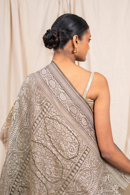 Dusky Chiku Crepe Silk Banarasee Saree