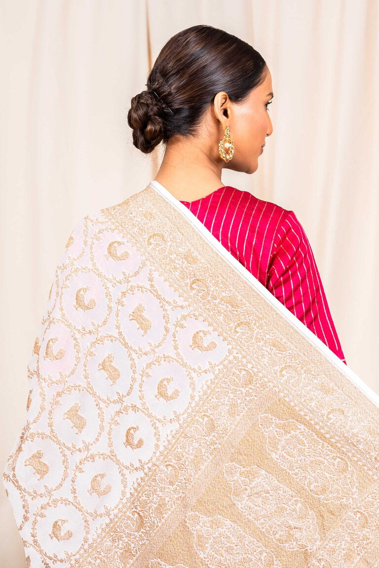 White Khaddi Georgette Handwoven Banaras Saree