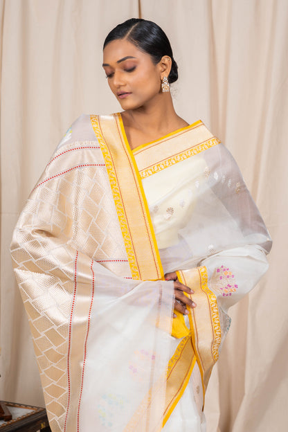 White Organza Handwoven Banaras Saree