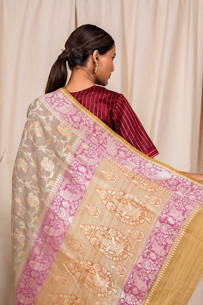 Grey Tussar Georgette Handwoven Banaras Saree