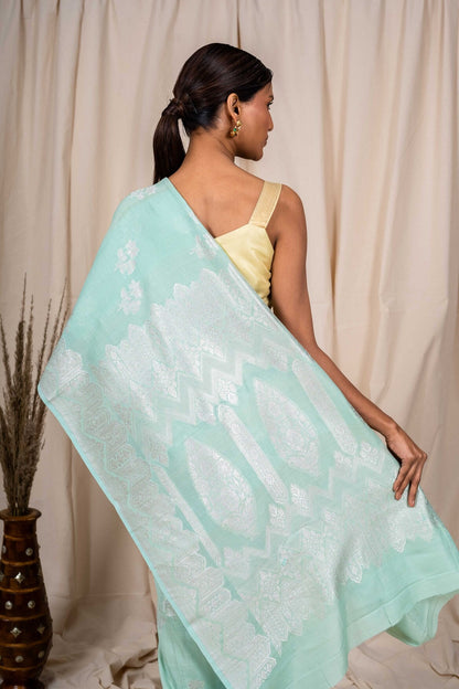 Sky Blue Tussar Georgette Handwoven Banaras Saree