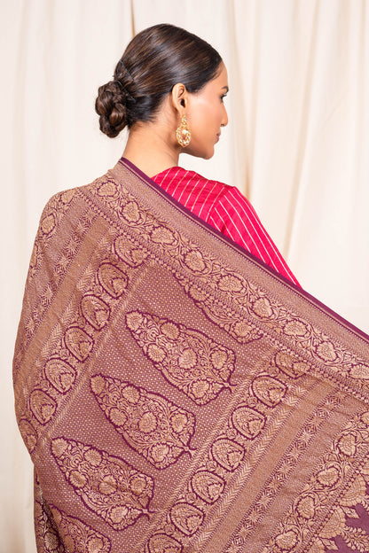 Wine Banarasee Handwoven Saree