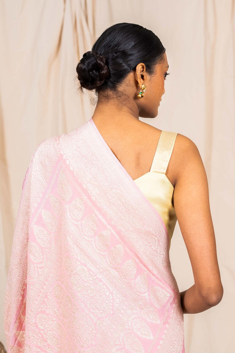 Pastel Baby Pink Crepe Silk Handwoven Banarasee Saree